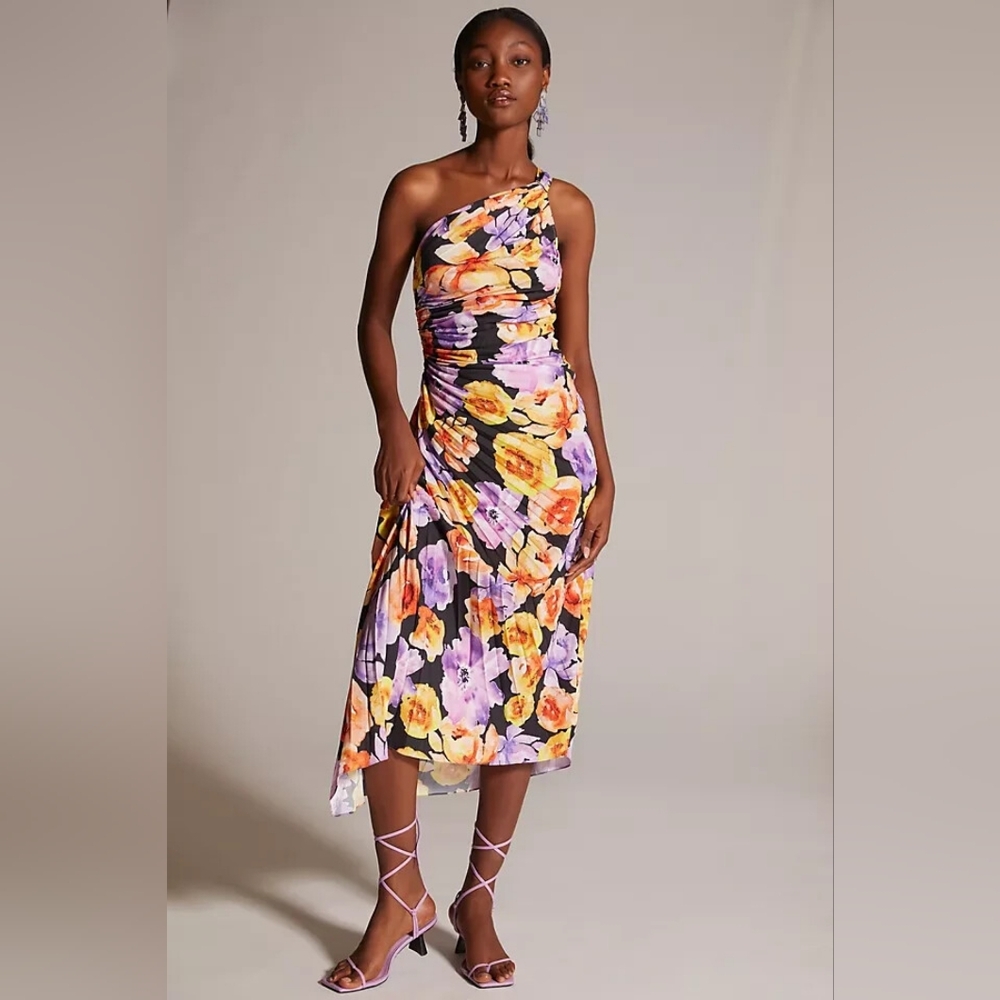 NWT Anthropologie Geisha Designs Asymmetrical Midi Dress Purple Orange Floral XL